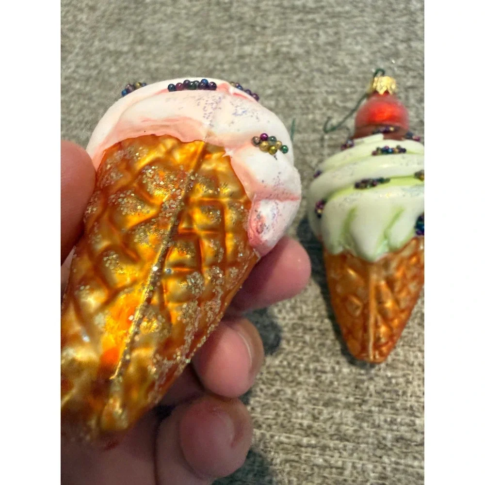 Glass Ice Cream Cone Christmas Ornaments Pink Green Glitter Sprinkles Set of 2